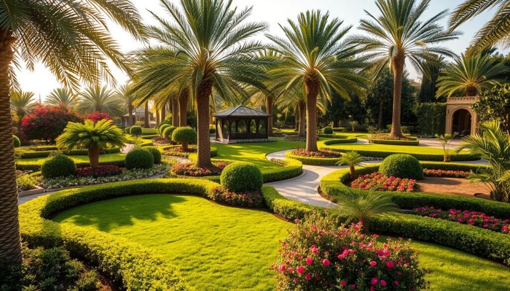 Lush, verdant garden landscape showcasing the landscaping services of "بستان جدة" in Jeddah. Sweeping vistas of meticulously manicured flower beds, neatly trimmed bushes, and winding pathways shaded by mature palm trees. Vibrant colors and textures create a serene, inviting ambiance. Sunlight filters through the foliage, casting warm, golden hues across the scene. Architectural elements like fountains or gazebos accentuate the elegant, refined design. An oasis of tranquility that embodies the company's commitment to crafting beautiful, functional outdoor spaces.